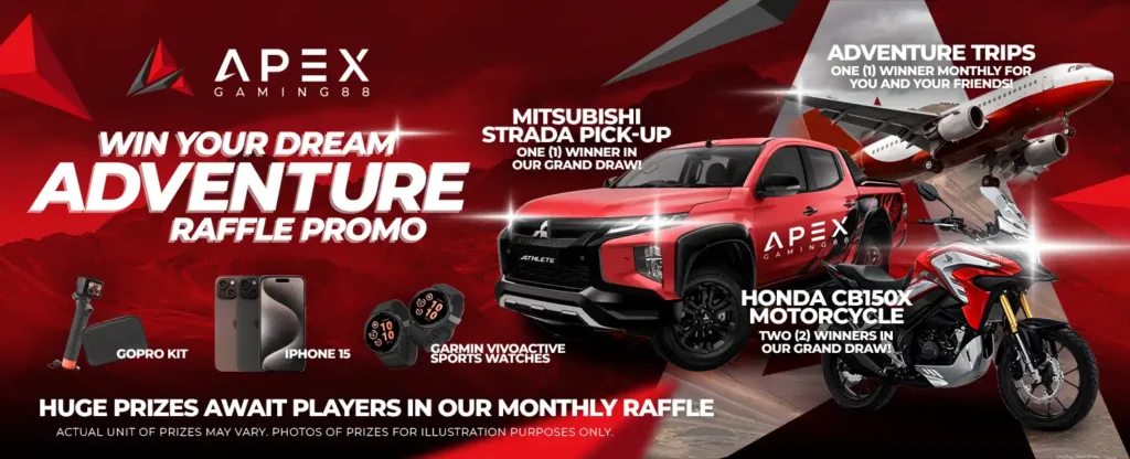 ApexGaming88 raffle promo featuring Mitsubishi Strada, Honda motorcycle, airplane, iPhone 15, Garmin watches, and GoPro