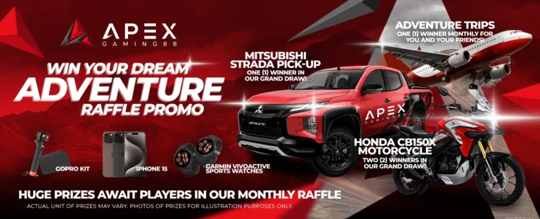 ApexGaming88 raffle promo featuring Mitsubishi Strada, Honda motorcycle, airplane, iPhone 15, Garmin watches, and GoPro