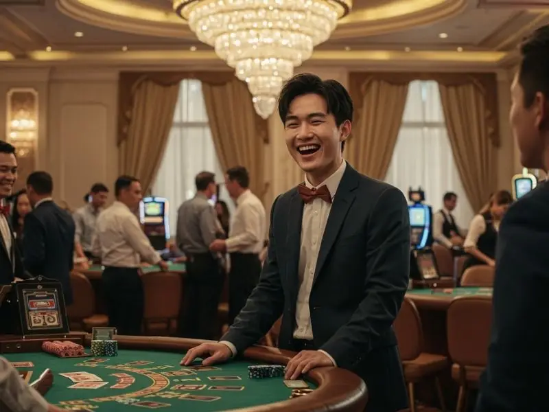 Group of laughing friends enjoying a lively poker game at 100 Jili Casino