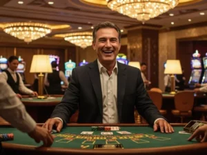 Happy man playing poker at a lively 100 Jili Casino table
