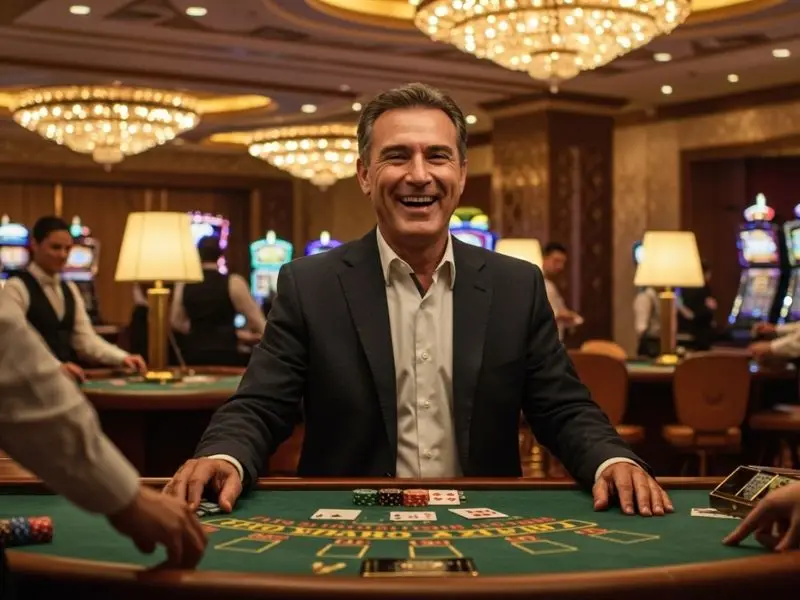 Happy man playing poker at a lively 100 Jili Casino table