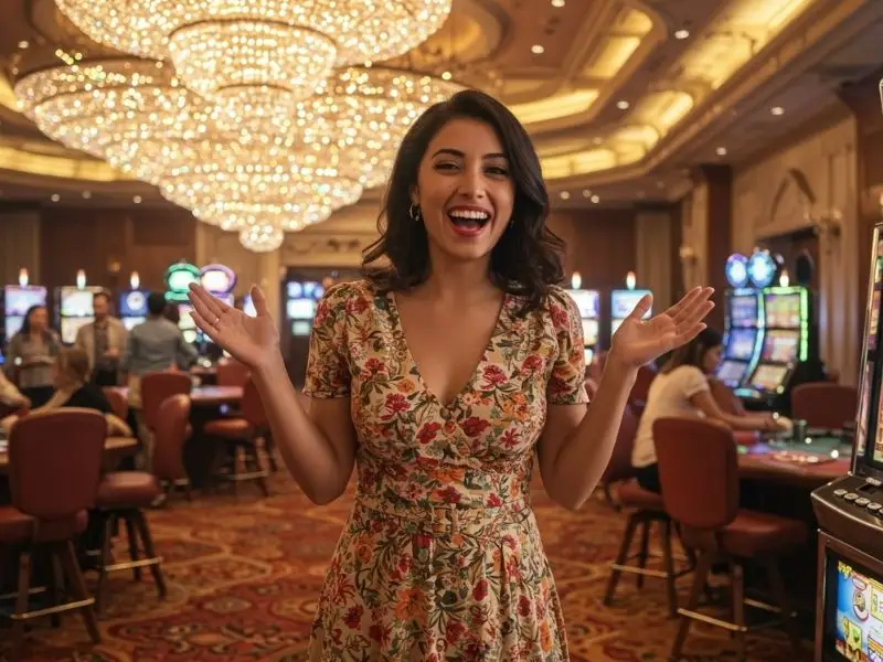 Pretty woman enjoying the lively atmosphere of 100 Jili Casino surrounded by a cheerful crowd