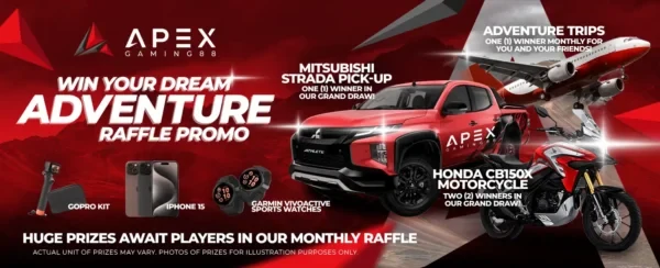 ApexGaming88 adventure raffle promo banner featuring Mitsubishi Strada, Honda CB150X, iPhone 15, and travel prizes