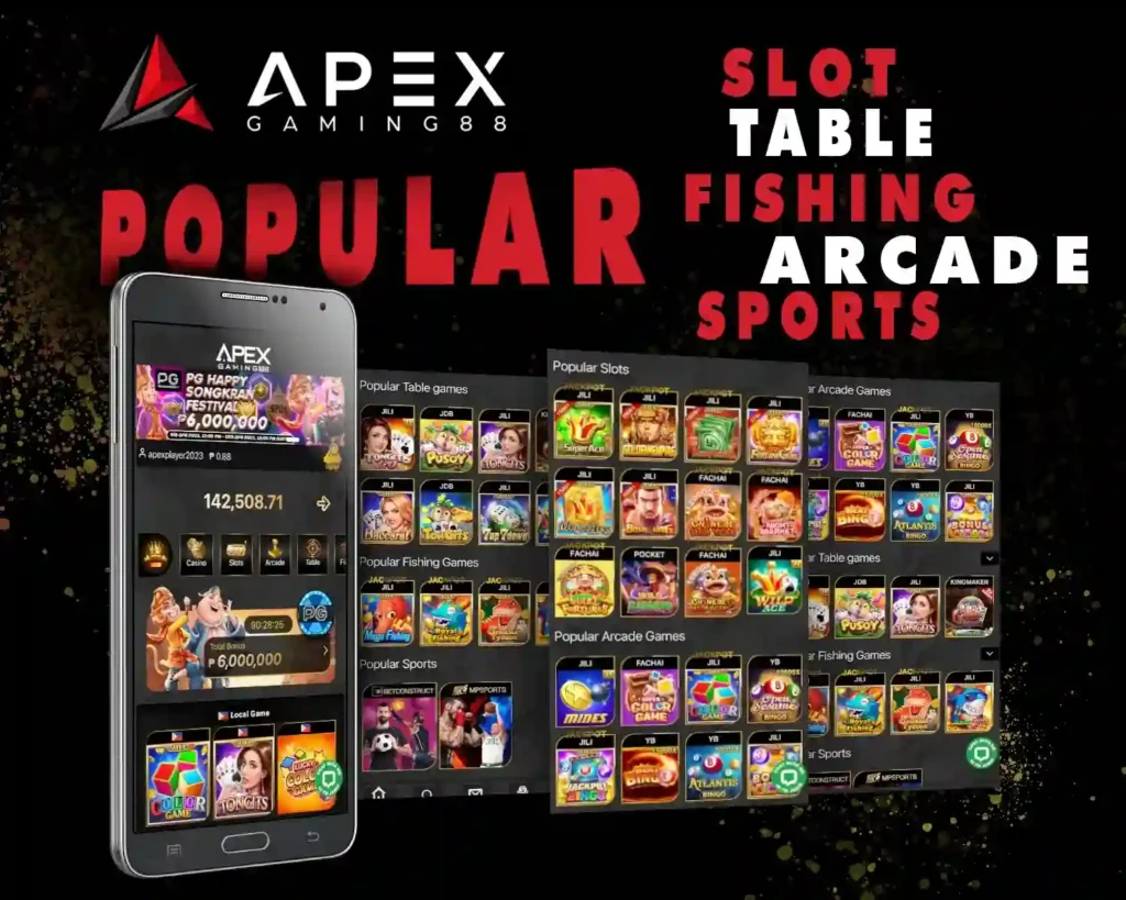 ApexGaming88 mobile game display showing popular slot, table, fishing, arcade, and sports games