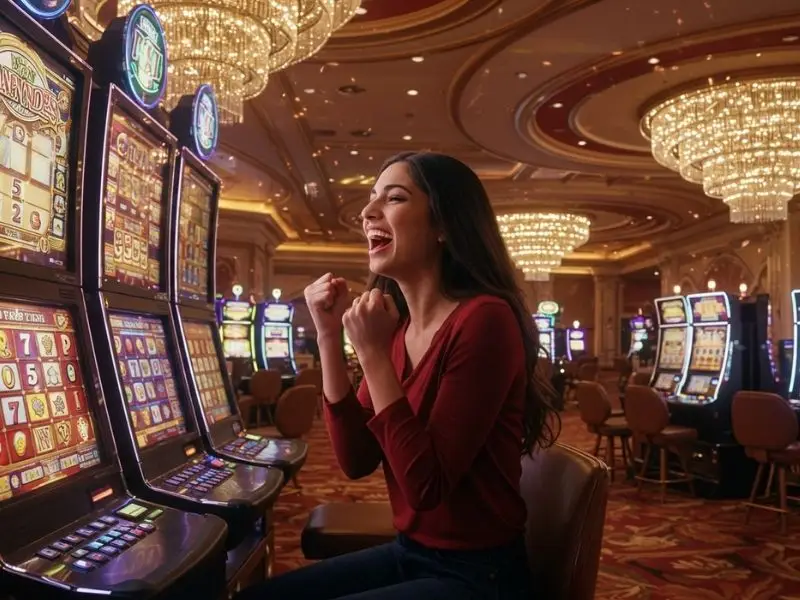 Happy woman celebrating a big slot machine win at the best online casino Philippines GCash platform