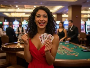 Pretty lady holding high poker cards at a table in the best online casino Philippines GCash platform