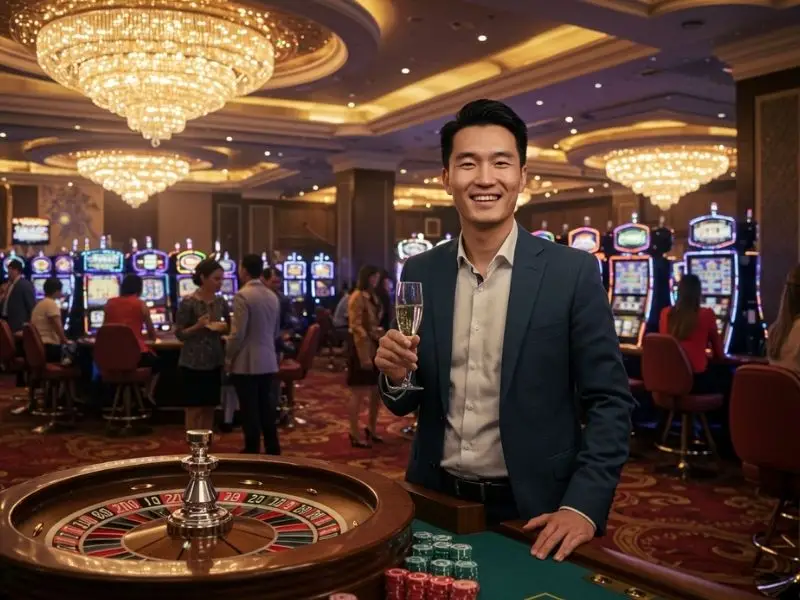 Smiling man enjoying big poker wins at the best online casino Philippines GCash