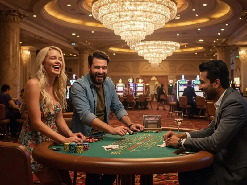 Group of laughing friends enjoying a lively poker game at a casino Philippines setting
