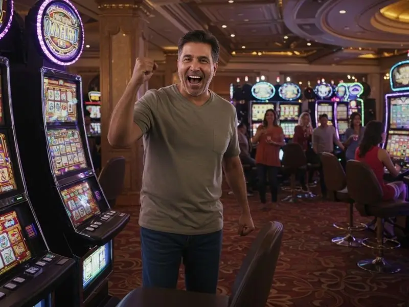 Excited man cheering in front of slot machines at a casino Philippines venue