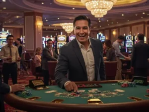 Man happily playing poker at a lively casino Philippines table