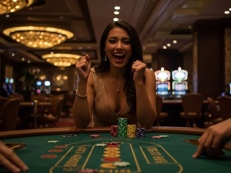 Happy woman celebrating a poker win after claiming a casino register bonus
