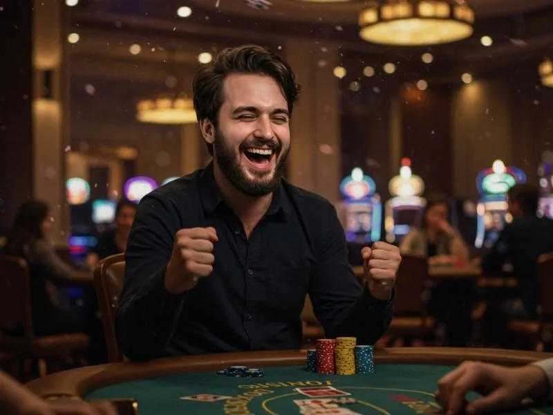 Happy man winning at poker after claiming a casino register bonus