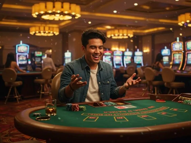 Cheerful guy celebrating a big poker win after claiming a casino registration bonus