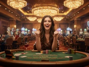 Cheerful woman posing at a poker table with chips, celebrating a casino registration bonus