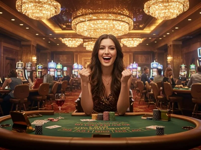 Cheerful woman posing at a poker table with chips, celebrating a casino registration bonus