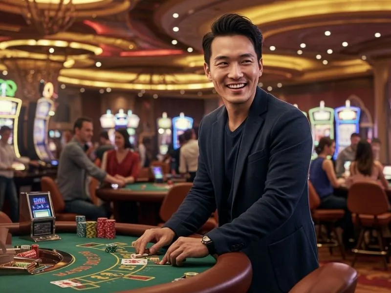 Happy man playing with poker chips after claiming a casino registration bonus