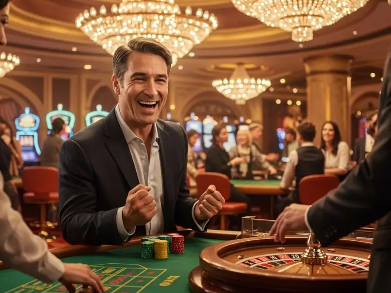 Smiling man at roulette wheel enjoying a casino registration bonus