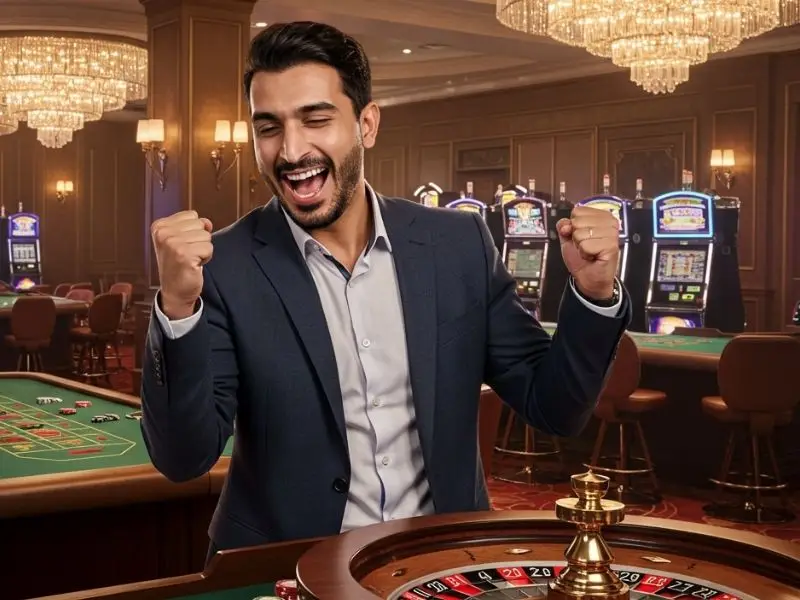 Happy man enjoying roulette after claiming a casino sign up bonus
