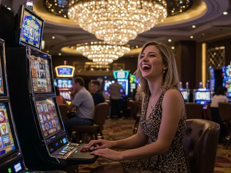 Laughing woman pressing a slot machine button while enjoying her casino sign up bonus