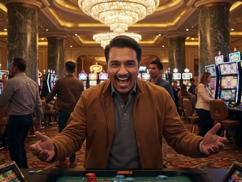 Happy man celebrating big wins after claiming a casino sign up bonus