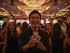 Happy man holding playing cards in a lively casino crowd, showcasing the thrill of top casino sites