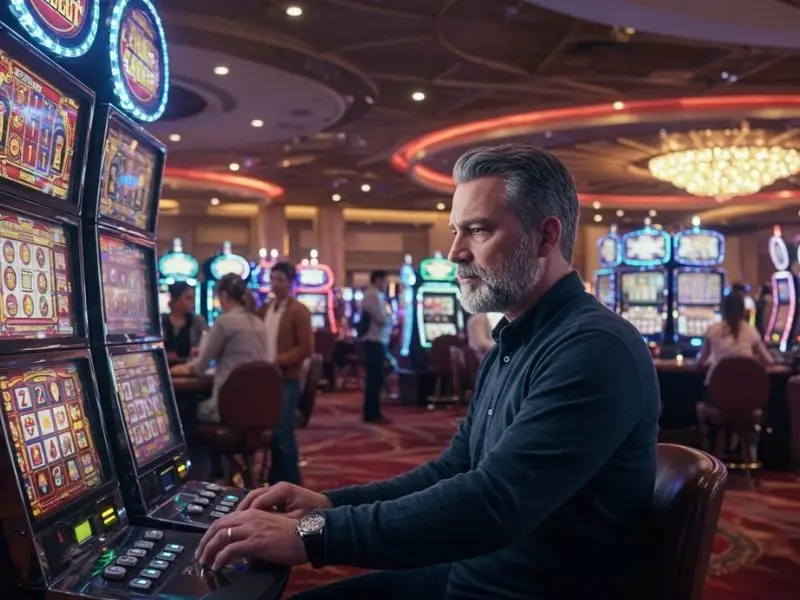 Man seriously playing a slot machine at one of the top casino sites