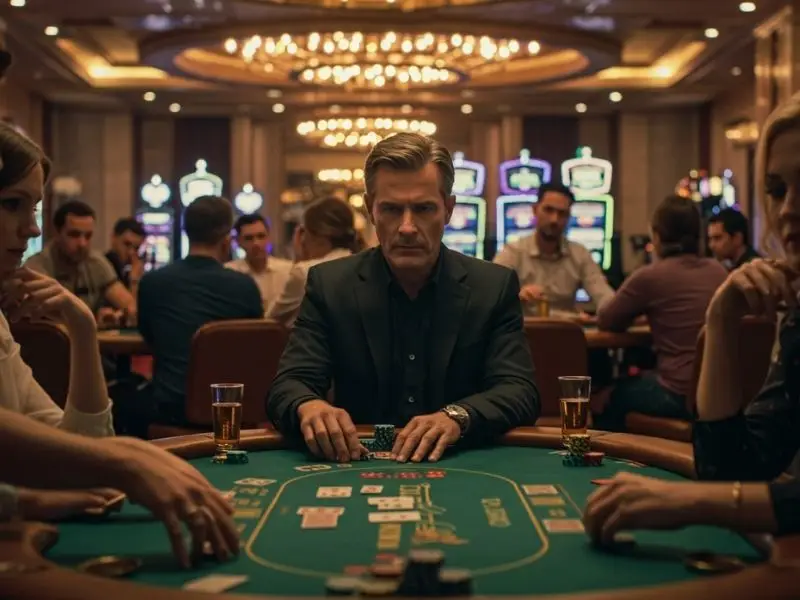 Serious man focused on playing poker at a table in one of the top casino sites