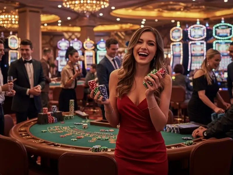 Elegant woman holding a stack of casino chips in a free 100 pesos casino promotion setting