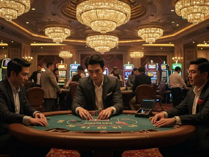 Group of friends silently focused on a poker game in a free 100 pesos casino setting