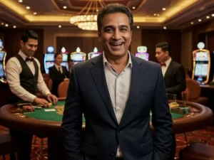 Happy man posing confidently in a casino background promoting a free 100 pesos casino offer