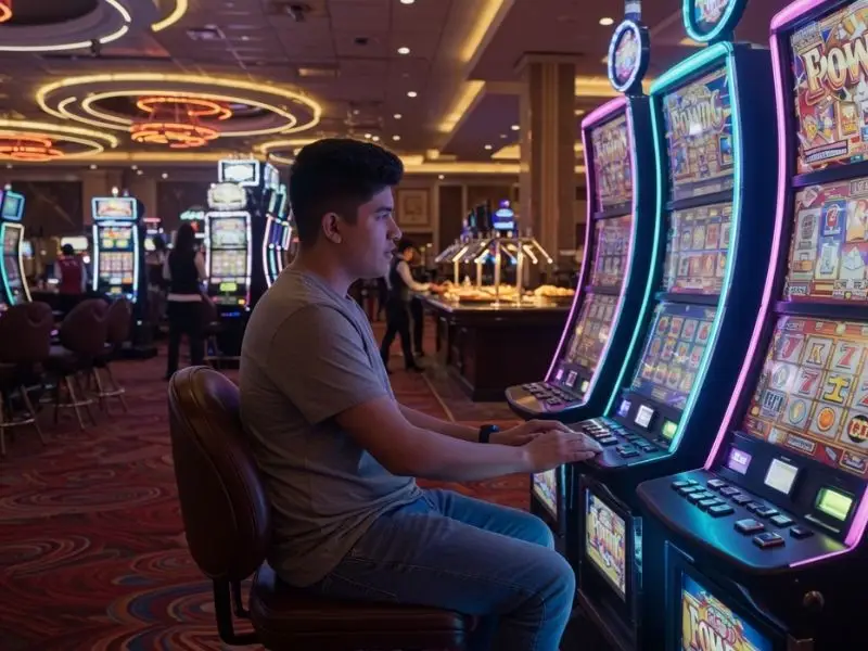 Man focused on playing slot machine at a free 100 pesos casino