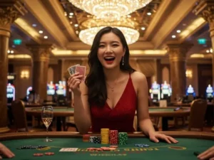 Elegant pretty woman holding poker cards in a free registration bonus casino setting