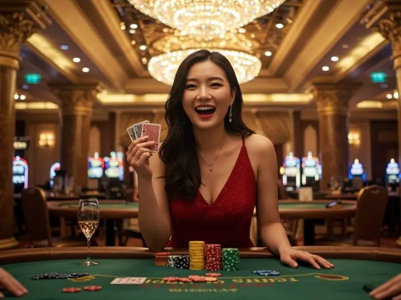Elegant pretty woman holding poker cards in a free registration bonus casino setting