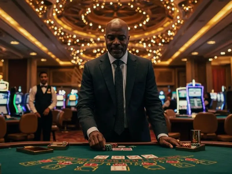 Man placing his bet at a poker table in a free registration bonus casino setting