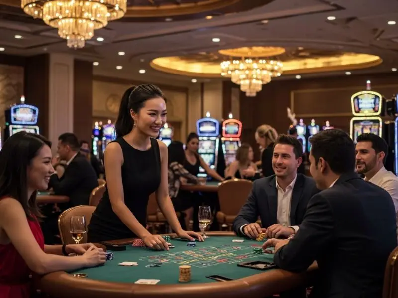 Smiling woman playing poker with friends in a free registration bonus casino environment