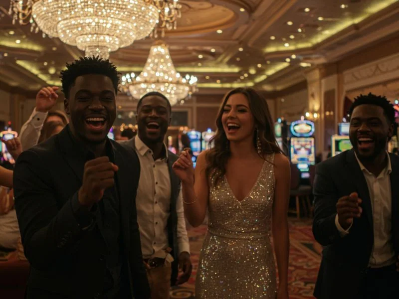Group of happy friends celebrating a jackpot win at a free sign up bonus no deposit gcash casino.