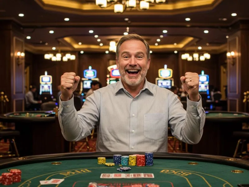 Senior man smiling confidently with poker chips at a free sign up bonus no deposit gcash casino.