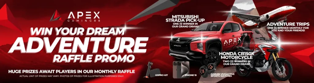 ApexGaming88 raffle promo featuring Mitsubishi Strada, Honda motorcycle, airplane, iPhone 15, Garmin watches, and GoPro