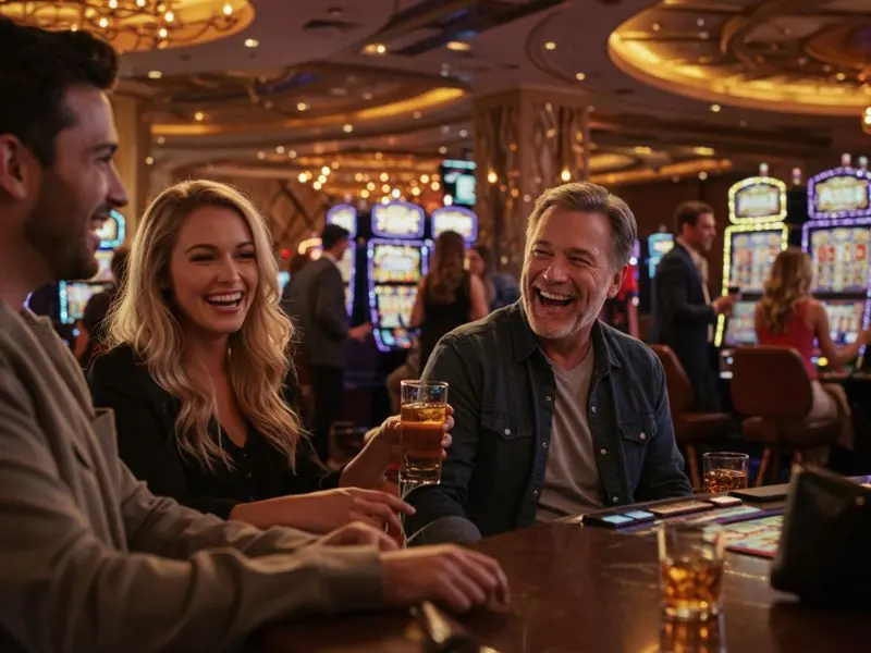 Happy friends enjoying drinks at a casino with a jili casino free 100 pesos bonus.