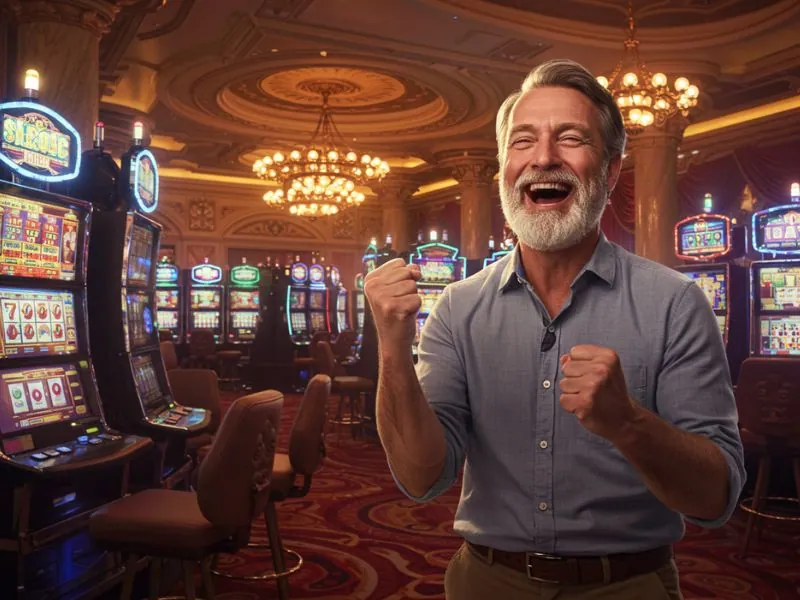 Happy older man smiling in a casino while enjoying the jili casino free 100 pesos offer.