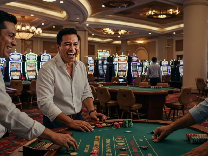 Laughing man standing near a poker table at a jili casino free 100 pesos event.