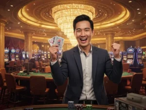 Cheerful man holding playing cards at a jili pagcor online casino table