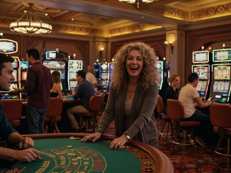 Joyful woman celebrating a win at a casino table in a jili pagcor online casino environment