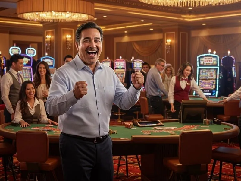 Man cheering in a lively casino poker crowd during jili slot 777 login register online no deposit experience