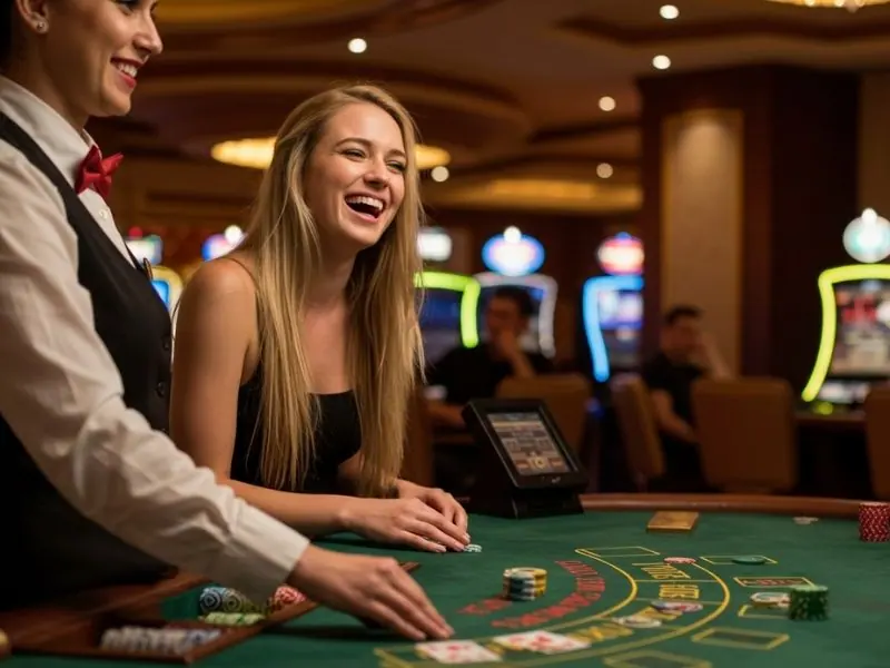 Smiling woman placing her bet while using jili slot 777 login register online no deposit platform
