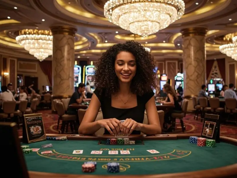 Smiling woman holding poker cards, enjoying a jili slot free 100 bonus experience