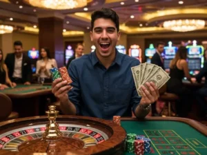 Young man celebrating his big wins from jili slot free 100 bonus