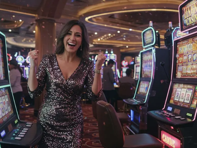 Smiling female posing near slot machines at a legit online casino free 100.