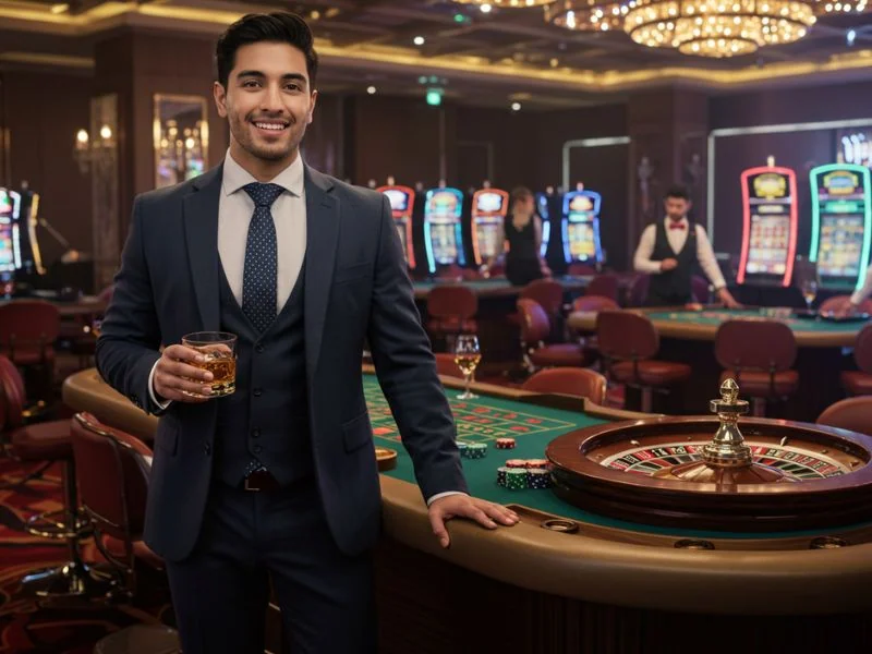 Man holding drinks and smiling on a casino floor at legit online casino free 100.