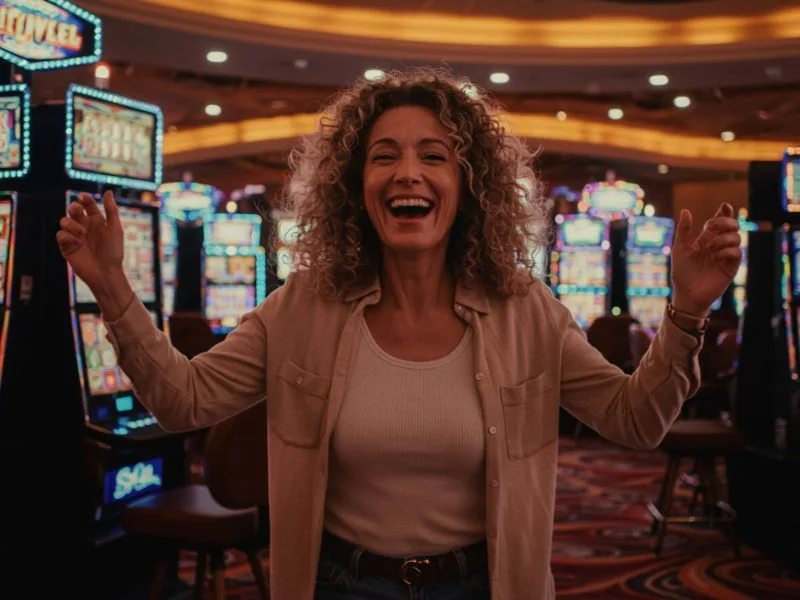 Smiling woman posing for a photo in a legit online casino free 100 setting.